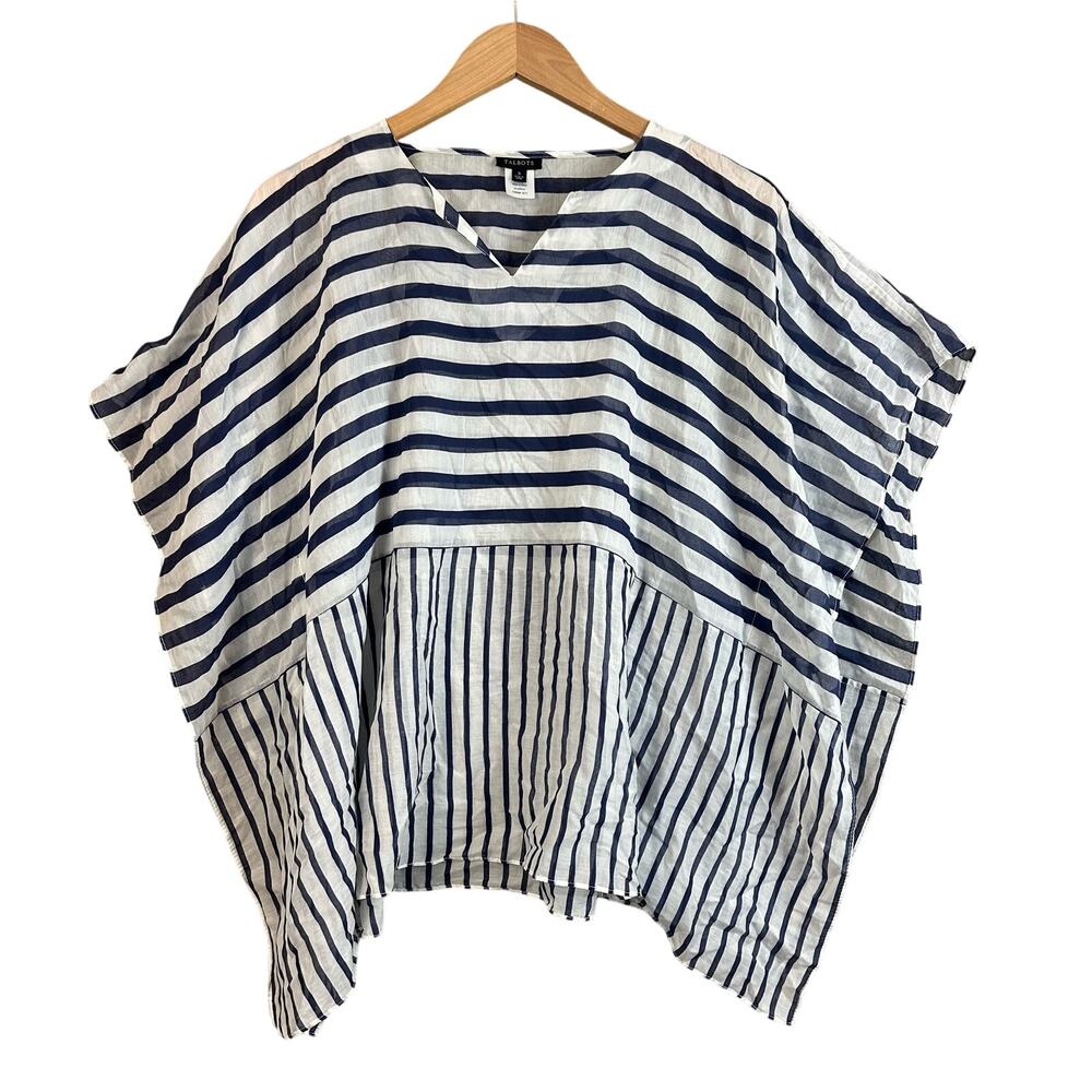 Talbots Silk Navy Blue White Semi-sheer Lighweight Kaftan Poncho Tunic Top S - Picture 1 of 9